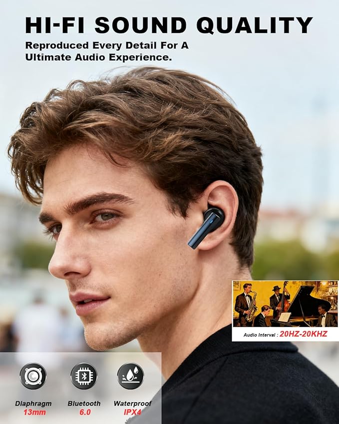 Wireless Earbuds,6.0 Bluetooth Headphones with 4 Mics Noise Cancelling,35H Playtime for Sports Work,AI Clear Calls,Zinc Alloy Fast Charging Case,Comfort Fit,Waterproof Ear Buds for iPhone Android iPad