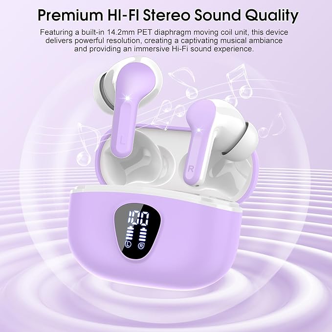 Wireless Earbuds, Bluetooth 5.4 Headphones HiFi Stereo, Bluetooth Earbuds with ENC Noise Cancelling Mic, IP7 Waterproof in Ear Earphones, 48H, LED Display Ear buds for Pad Workout Sports, Purple
