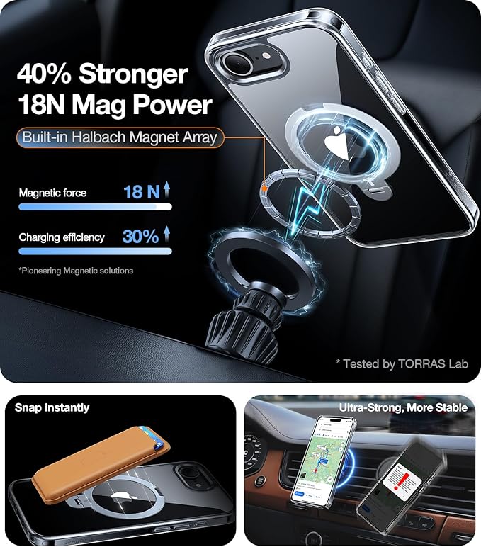 TORRAS 360 Spin for iPhone 17e Case & iPhone 16e case with Stand, Fit for MagSafe, 4X Military-Grade Protective, Stand Phone Case for iPhone 17e Case, Ring Holder Slim Cover, Crystal Clear 6.1''