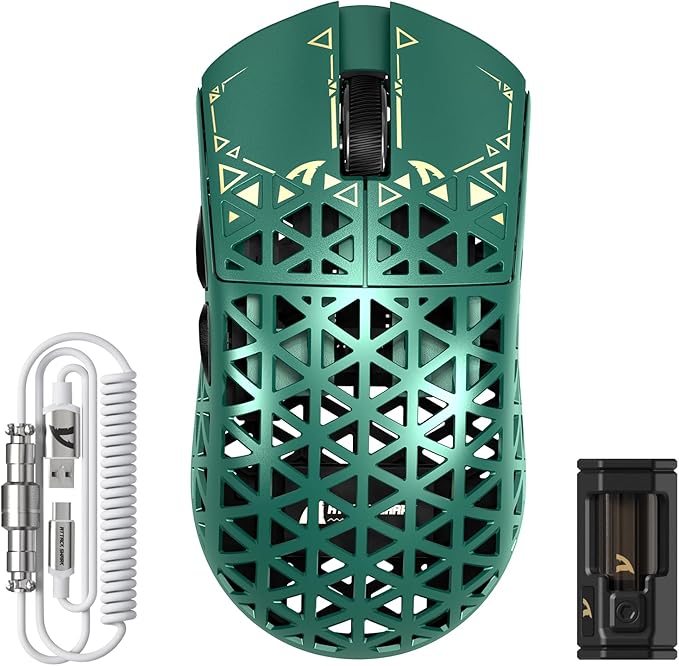 ATTACK SHARK R5 Ultra Wireless Gaming Mouse,39g Superlight Carbon Fiber Hollowed-Out,PAW3950MAX Optical Sensor Nordic 52840 MCU 8K Polling 42K DPI,Tri-Mode Programmable Mice with Coiled Cable-Green
