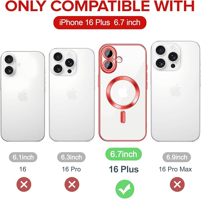 Hython Magnetic Clear for iPhone 16 Plus Case with Camera Lens Protector [Compatible with MagSafe] Luxury Plating Edge Slim Soft TPU Cover Protective Phone Case for iPhone 16 Plus 6.7", Red