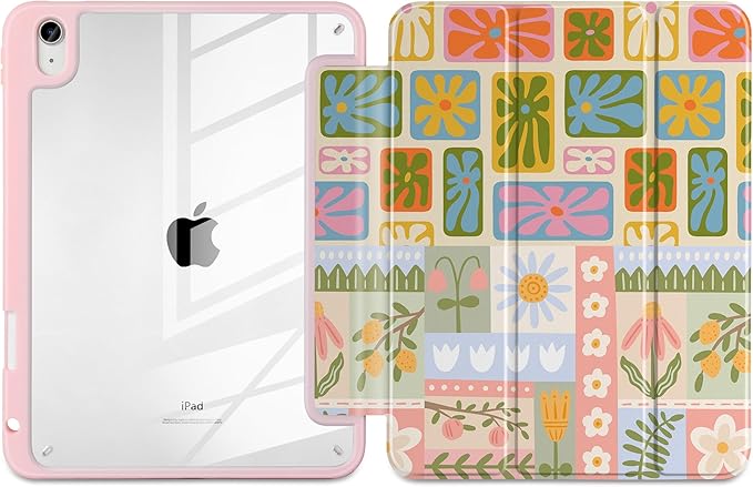 Case for iPad Air 11 inch M4 2026 M3 2025 M2 2024,iPad Air 5th (2022) / 4th (2020) 10.9 Inch Clear Back Shell Lightweight TPU Edge Trifold Stand Auto Wake Sleep Cute Cover, Flower Patchwork