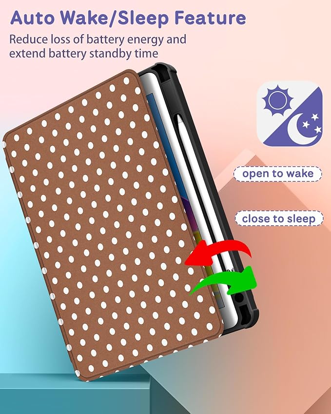 Uppuppy for iPad 9th/8th/7th Generation Case for iPad Air 3rd/ Pro 10.5” Case - 360 Rotating Stand Folio Smart Cover with Pencil Holder for Women, Brown Polka for Apple Tablet 7/8/9 Gen 10.2 inch