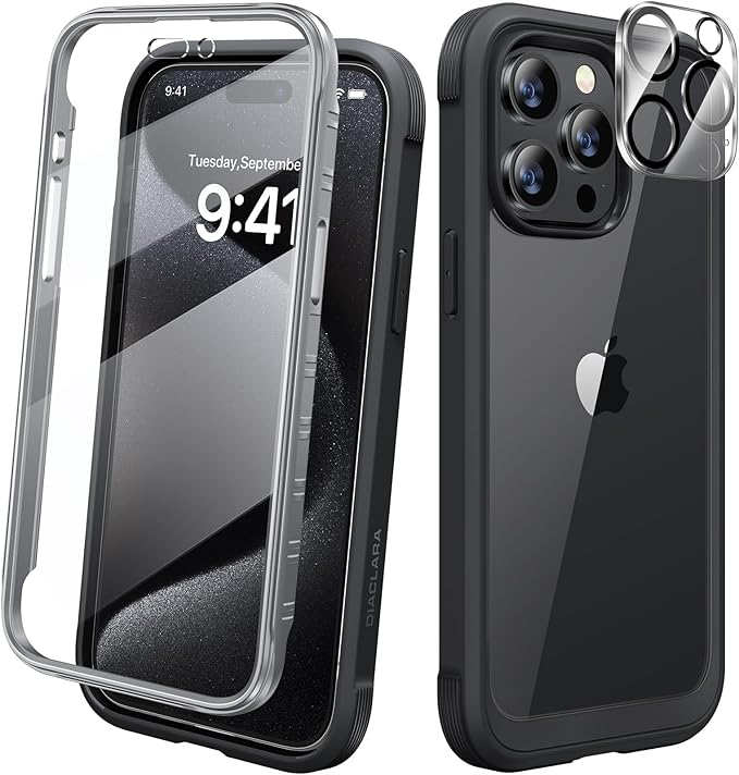Diaclara Designed for iPhone 15 Pro Case, [Military-Grade Drop Proof] Full-Body Bump Case with Built-in Shockproof Screen Protector, [Camera Lens Protector] Phone Cover for iPhone 15 Pro 6.1"(Black)