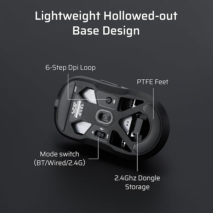LTC GM024 Tri-Mode Wireless Gaming Mouse, 59g Ultra-Light Ergonomic Gaming Mouse 2.4Ghz/BT/Wired, 6-Level DPI 8000 Max, 1000Hz, 5 Programmable Buttons, Pro Software