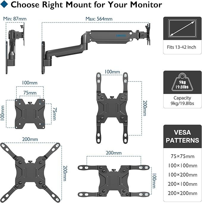 BONTEC Monitor Wall Mount Arm, VESA Gas Spring Height Adjustable, for 13-42 Inch Screens, Max 19.8lbs, Swivel, Tilt, Space-Saving Desk Mount, Easy Installation, Single Arm TV Mount, Max VESA 200x200
