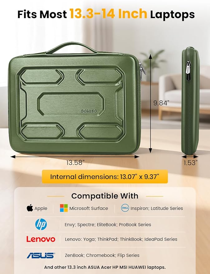 DOMISO Laptop Hard Case 14-14.4 inch Waterproof Shockproof Hard Shell Laptop Sleeve with Handle & Storage Pocket, Compatible with MacBook, HP, Dell, Green