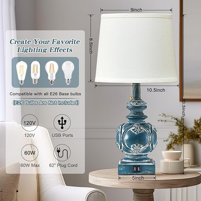 20.75" Farmhouse Table Lamps for Bedroom Set of 2, Rustic Bedside Lamps with 2 USB Port, Retro side table lamp Antique Nightstand Lamp for Living Room End Table Office Country, Traditional Washed Blue