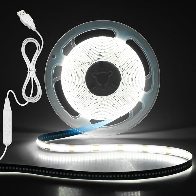 Aclorol 5V COB LED Strip Lights 13.12ft Dimmable LED Tape Light with 1.5M USB Cable 6000K Cold White Dotless LED Strip for Mirror 3D Printer TV Backlight Under Cabinet Lighting Projects 320LEDs/M
