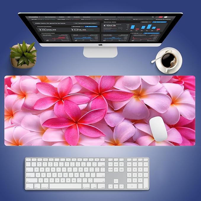 Extra Large Gaming & Office Mouse Pad (31.5" x 11.8") with Durable Stitched Edges – Girly Tropical Plumeria Flowers Bliss Close-up of Vibrant Red Hot Pink Exotic Hawaii Floral, XXL Desk Mat