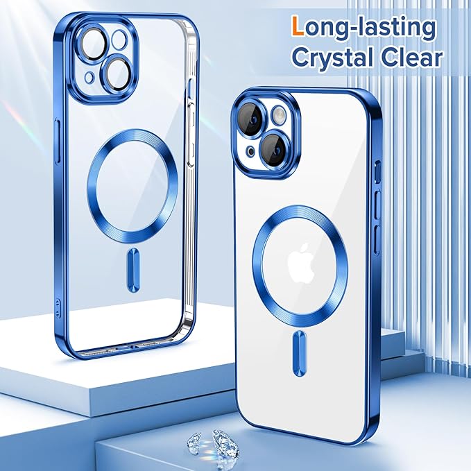 Hython Magnetic Clear for iPhone 13 Case with Camera Lens Protector [Compatible with MagSafe] Luxury Plating Edge Slim Soft TPU Cover Protective Phone Case for iPhone 13 6.1", Deep Blue