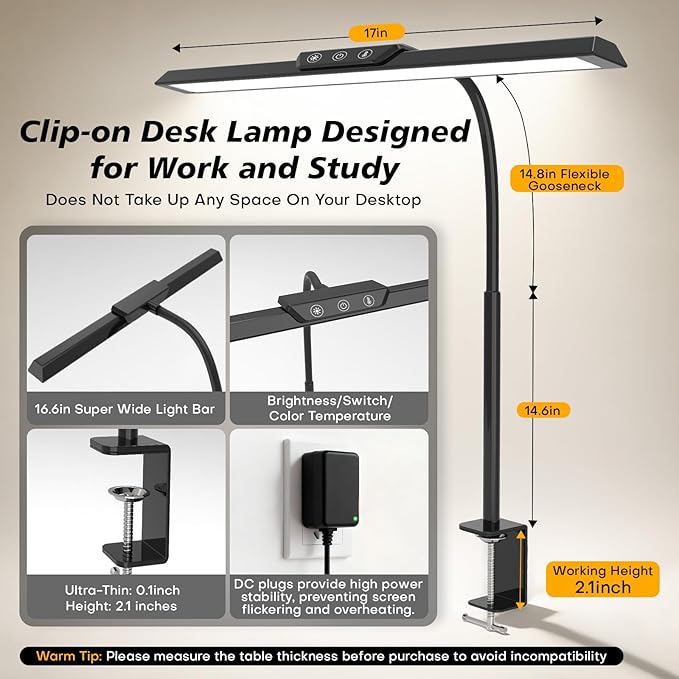LED Desk Lamp for Office Home, Stepless Dimming Architect Desk Light with DC Adapter, Eye-Caring Desk Lamp with Clamp, 25 Lighting Modes Adjustable 14.8in Flexible Gooseneck for Workbench, Drafting