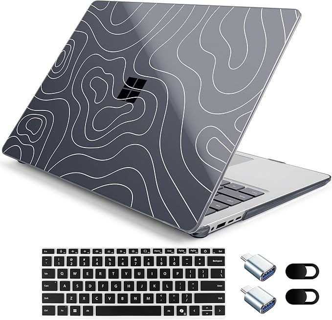 Case for 15-inch Microsoft Surface Laptop Copilot+ PC 2024 (7th Ed) Aesthetic Clear Hard Laptop Shell, with TPU Keyboard Cover & OTG Adapters Ultimate 6-in-1 Bundle, Topography