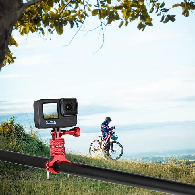 HSU Bike Handlebar Mount for Gopro Hero 13/12/11/10/9/8/7/6/5/4 AKASO Campark Osmo Action 3/4 and Other Action Cameras, 360 Degrees Rotary Motorcycle Mount (Red)