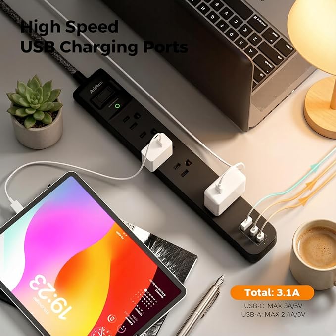Addtam 2 Pack Power Strip Surge Protector – 5 Wide Spaced Outlets 3 USB (2 USB-C) Charging Ports, 1875W/15A, 15ft Braided Cord, Flat Plug, Overload Surge Protection, Wall Mount for Home, Office & Dorm