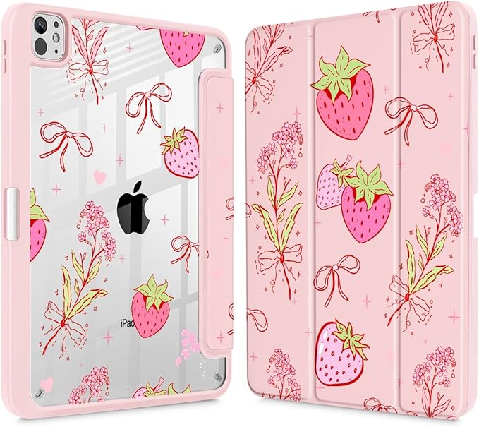 May Chen Case for iPad Pro 11-Inch M5/M4 2025/2024 (6th/5th Generation), Clear Transparent Print Back Shell Slim Stand Shockproof Tablet Cover, Auto Wake/Sleep, Strawberry Bow