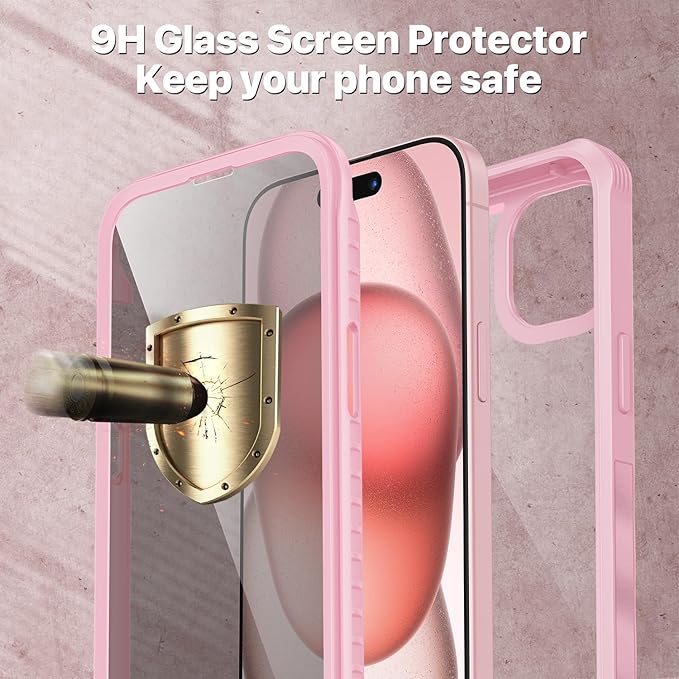 CENHUFO Privacy for iPhone 15 Case, Full Body Phone Case with Built-in 9H Tempered Glass Privacy Screen Protector and Camera Lens Protector, Anti Peep Spy Shockproof Bumper Clear Cover - Pink