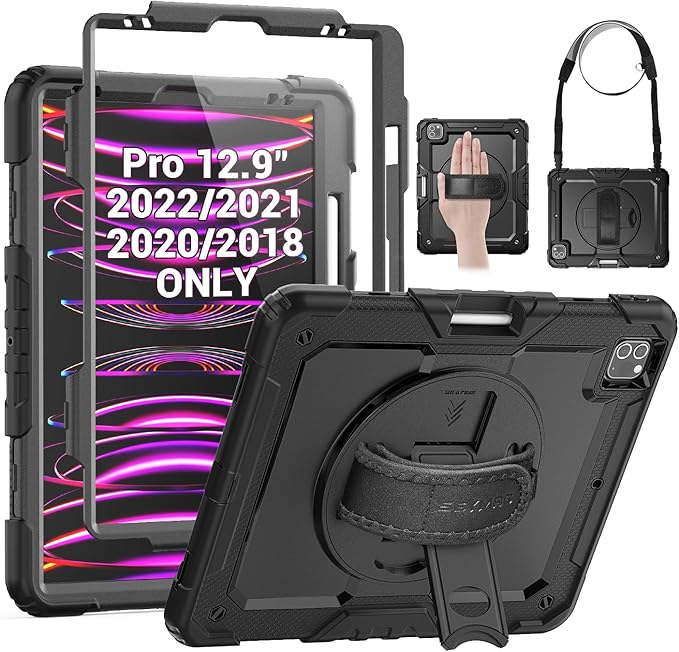 SEYMAC Case for iPad Pro 12.9 2022/2021/ 2020/2018, Heavy Duty Protection Shockproof Case with Screen Protector, 360° Rotating Stand/Handle/Shoulder Strap, Supports Pencil 2 Charging, Black