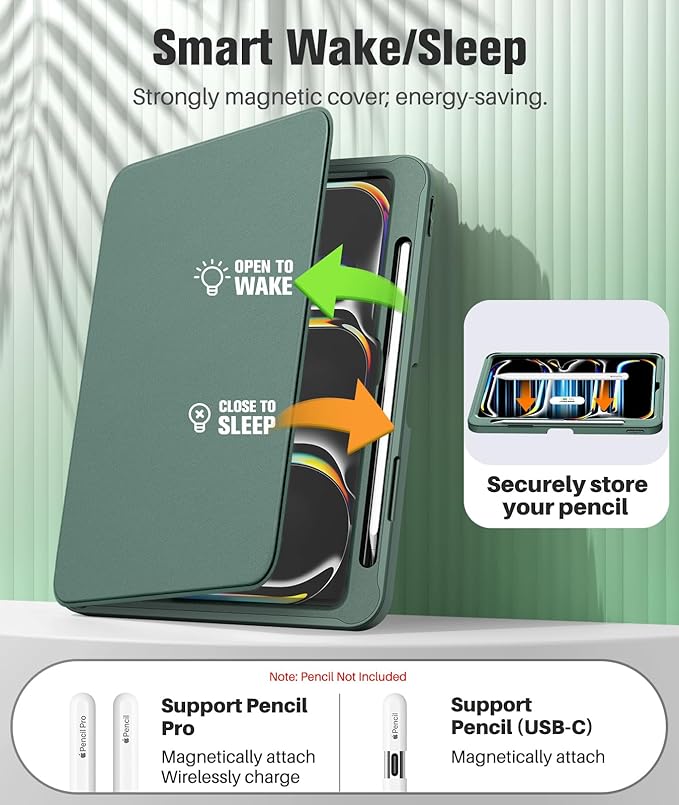 MoKo for iPad Pro 11 Inch Case (M5/M4) 2025/2024 with Pencil Holder, [Built-in Screen Protector], iPad Pro 11 M5/M4 Case with Clear Back & Magnetic Multi Angle Stand Cover, Midnight Green