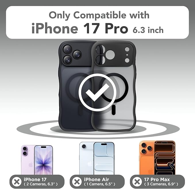 CAPRARO Magnetic for iPhone 17 Pro Case for Women Girls, Upgraded [Full Camera Protection] [Compatible with MagSafe] Cute Wave Translucent Matte Phone Case for iPhone 17 Pro, Black