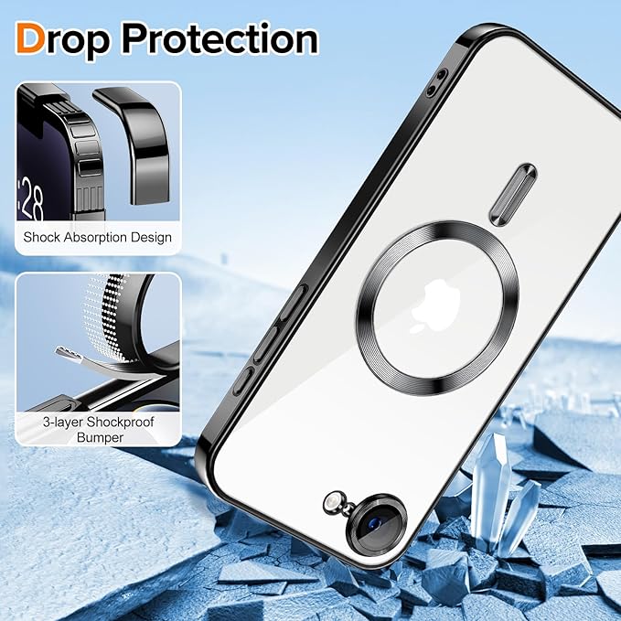 Hython Magnetic Clear for iPhone 17e Case with Camera Lens Protector [Compatible with MagSafe] Luxury Plating Edge Slim Soft TPU Cover Protective Phone Case for iPhone 17e 6.1", Black