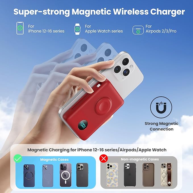 Magnetic Portable Charger for MagSafe with Built-in Cable,iWatch Charger,10800mAh Wireless Power Bank Travel Essentials,25W PD Fast Charging Battery Pack for iPhone 17/16/15/14/13/12,Apple Watch-Red