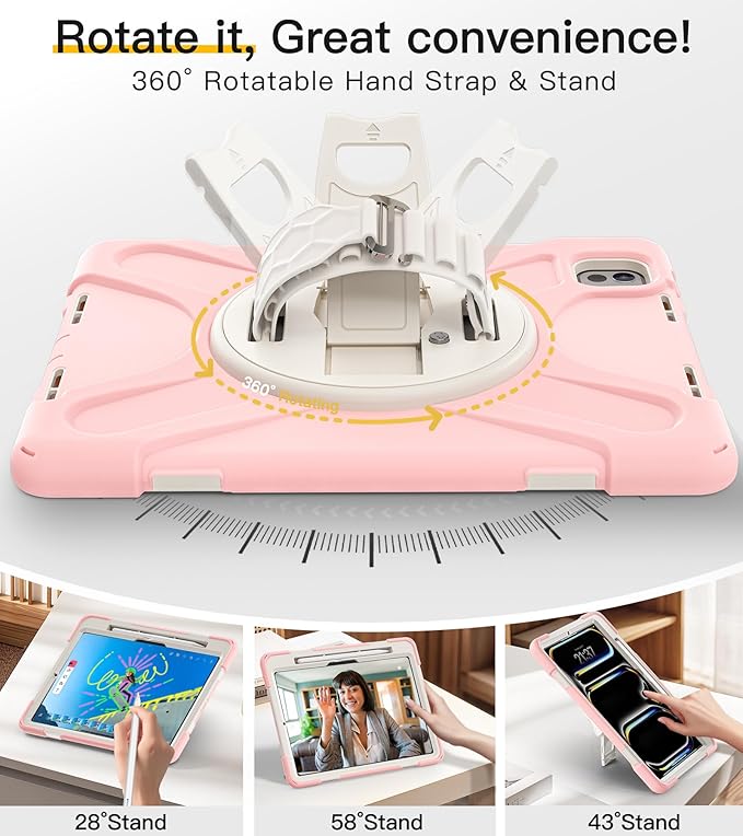 BRAECN Case for iPad Pro 11 inch M5 2025 & M4 2024, 4 Layers Heavy Duty Full-Body Protection Screen Protector Pencil Holder, 360° Rotating Handle Kickstand, Shoulder Strap Kids Friendly