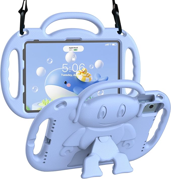 Kids Case for iPad A16 11" 2025 (11th Gen) & 10th Generation 10.9" 2022 & iPad Air 11" M3/M2 & Air 5th/4th Gen & Pro 11, Durable Shockproof Cover with Shoulder Strap Handle Stand, Light Blue