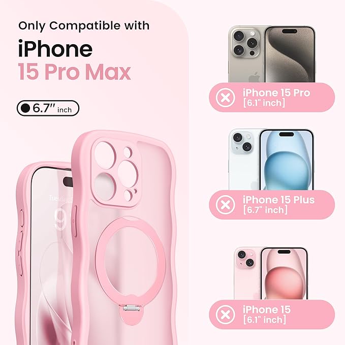 CAPRARO for iPhone 15 Pro Max Case with 360° Spin Magnetic Stand for Women, [Compatible with MagSafe] [Full Camera Protection] Cute Wave Translucent Matte Case for iPhone 15 Pro Max, Peach Pink
