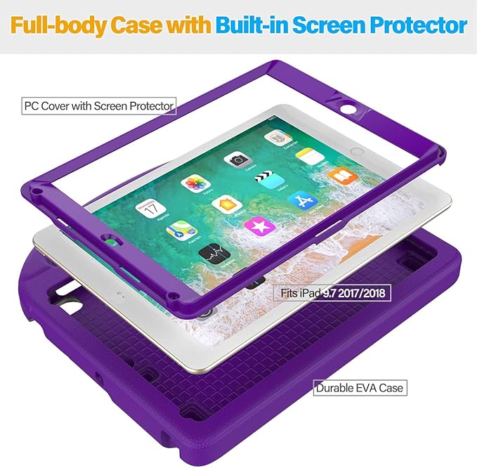 SUPLIK Kids Case for iPad 5th/6th Generation(9.7 inch, 2017/2018), iPad Air 1/2 & Pro 9.7 Kids Case with Screen Protector, Durable Lightweight Cover with Handle Stand for Apple iPad 5/6 Gen, Purple