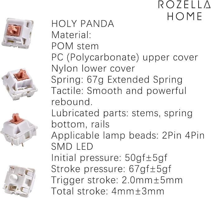 Holy Panda Mechanical Keyboard Switch, 3Pin Pre Lubed, 67g Extended Spring, Enhance Tactile Plate Mounted MX Switch(100 Pack)