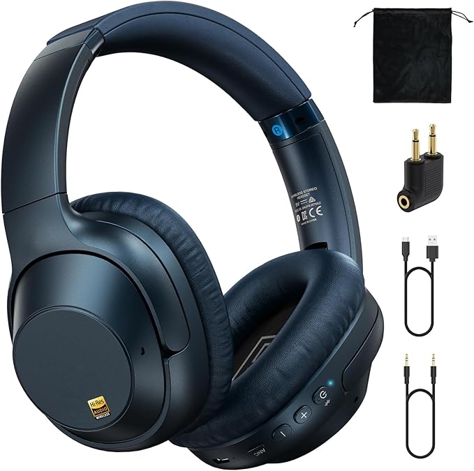 Bluetooth 6.0 Active Noise Cancelling Headphones for Airplane Travel, LDAC Hi-Res Audio, 90H Playtime Wired and Wireless Headphones, Over Ear ANC Headset for Home Office, Custom EQ via APP, Blue