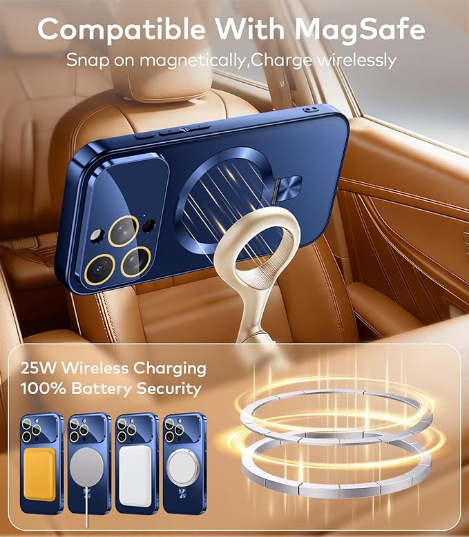TOBOVON Magnetic for iPhone 16 Pro Case with Ring Stand, Fits MagSafe, with Built-in Camera Lens Protector, Slim Electroplated Shockproof Phone Cover, Blue