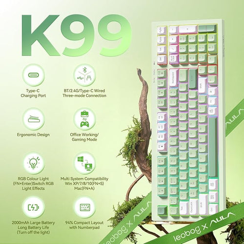 Aula Keyboard, Wireless Gaming Keyboard Bluetooth Computer Keyboards Creamy Color Cute Fun Quiet Keyboard with Number Pad Light Up RGB Backlit Tri-Mode BT/2.4GHz/USB-C - K99 Green