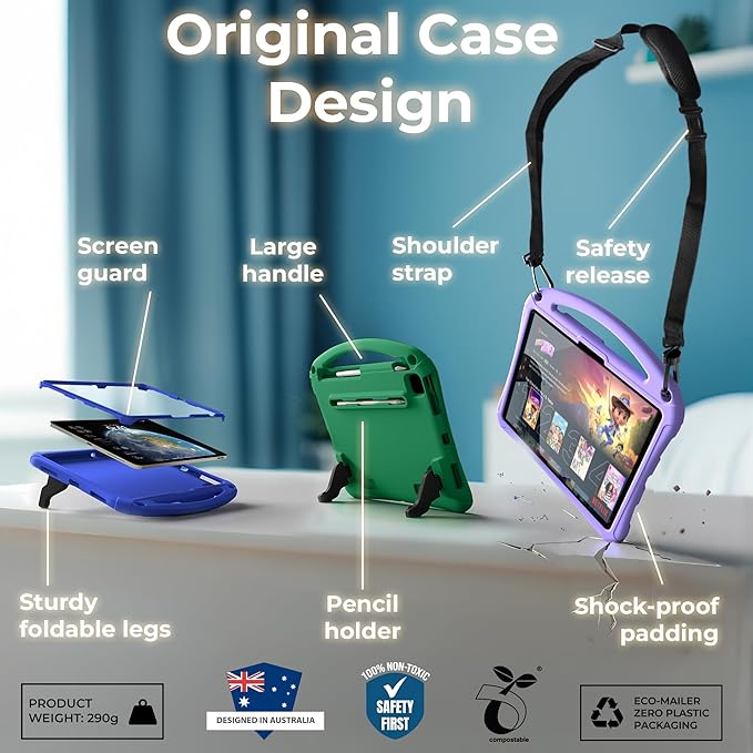 Bam Bino Space Suit, iPad Air 11Inch Case Kids (M2/M3/M4), iPad Pro 11inch (M4/M5), i-Pad A16(11th Gen), iPad 10thGeneration, Built-in Screen Protector, Handle, Kick Stand, Shoulder Strap (Mint Green)