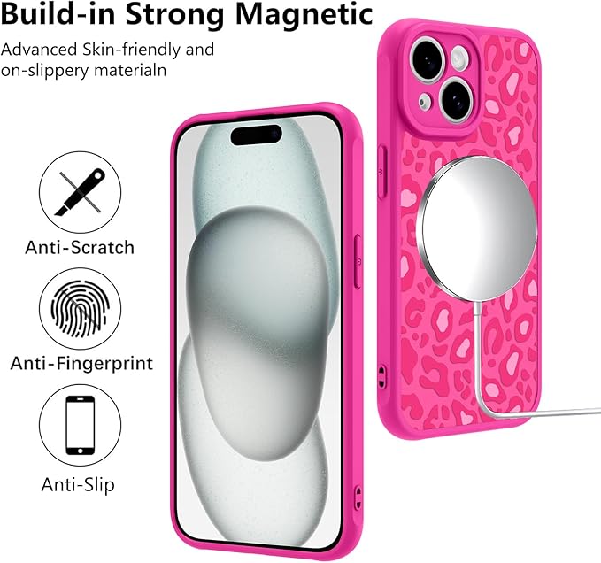 KANGHAR Case for iPhone 15 Hot Pink Leopard Printed Pattern Cute Cheetah [Compatible with Magsafe] Protective Magnetic Case for Girls Women 6.1"