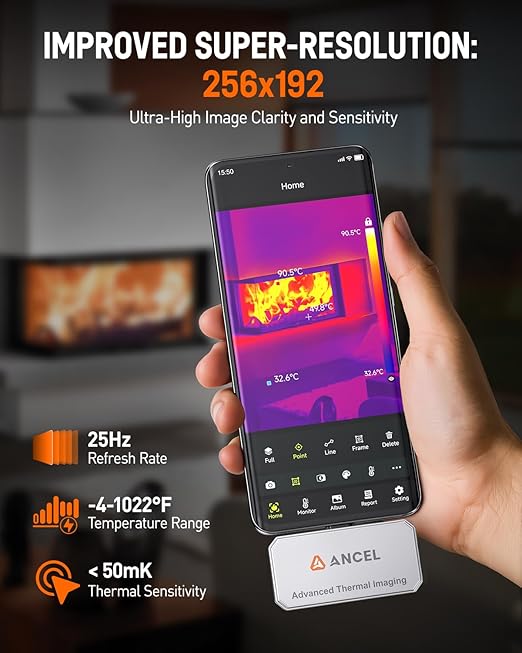 ANCEL IR101 Thermal Imaging Camera for Android, 256x192 IR Resolution, 25Hz Real-Time USB-C Thermal Camera – Detect Heat Leaks, Electrical Faults & PCB Defects for Home, Automotive & DIY Repairs