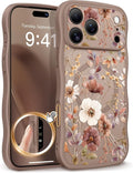 GVIEWIN for iPhone 17 Pro Case Compatible with MagSafe [Curly Wave Edge][Full Camera Protection] Floral Translucent Shockproof Magnetic Women Phone Case for iPhone 17 Pro 6.3'', Corn Poppy/Brown