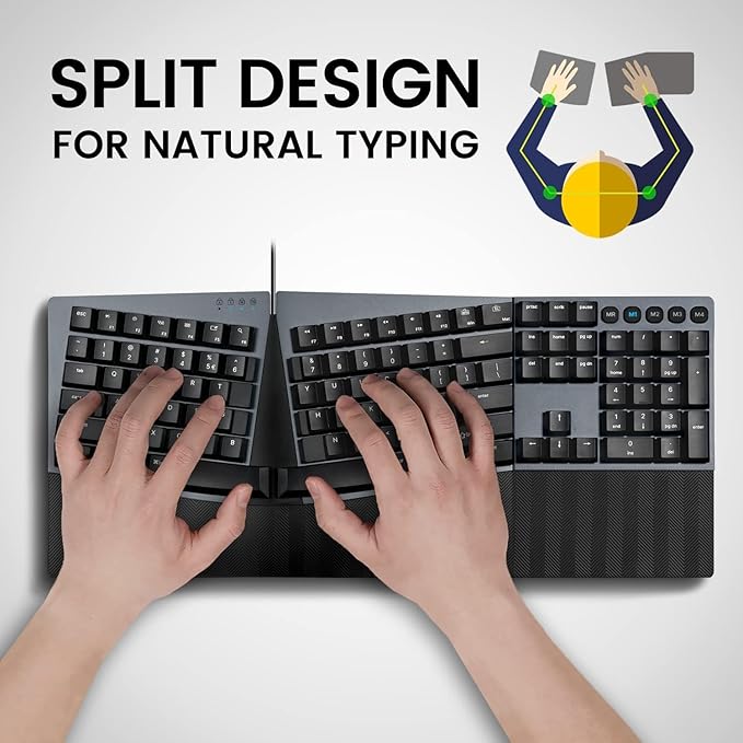 Perixx PERIBOARD-535BL Wired Ergonomic Mechanical Full-Size Keyboard - Low-Profile Blue Clicky Switches Programmable Feature with Macro Keys Compatible Windows and Mac OS X US English, Black