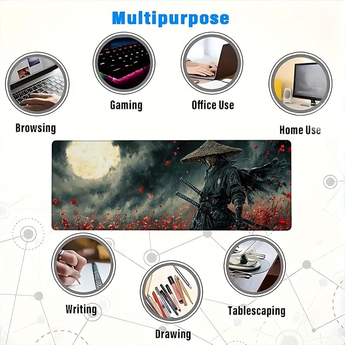 Warrior Desk Mat Swordsman Japanese Anime XL Mouse Pad Large Mousepad Extended Laptop Keyboard Mat Gaming Desk Pad Mouse Mat Professional Desk Pad for Office Equipment 31.5x11.8 Inch