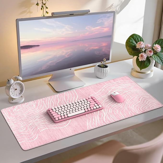 iCasso Large Desk Mat Pink,Big Mouse Pad with Stitched Edges,Aesthetic Computer Pad for Desktop,Anti-Slip Keyboard Mat for Women,Cute Girly Desk Cover Protector Work from Office Home Dorm