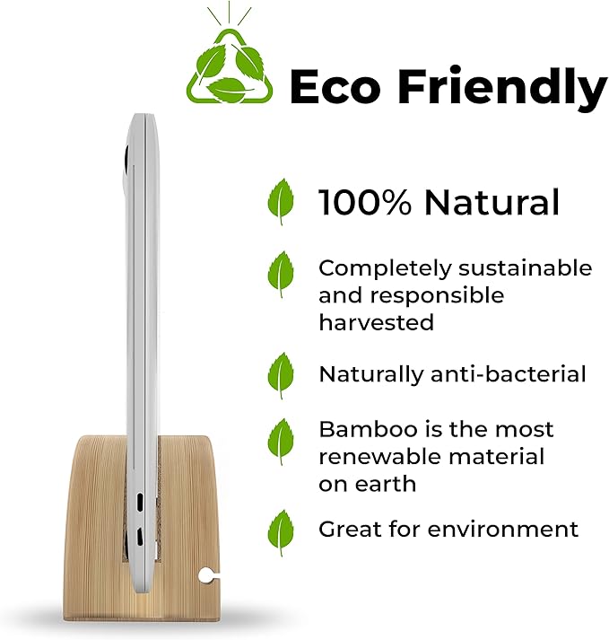 Kothar Wood Vertical Laptop Stand for Desk, Natural Bamboo, Space-Saving Desktop Dock for Apple MacBook, Microsoft Surface, iPad, Tablets and More