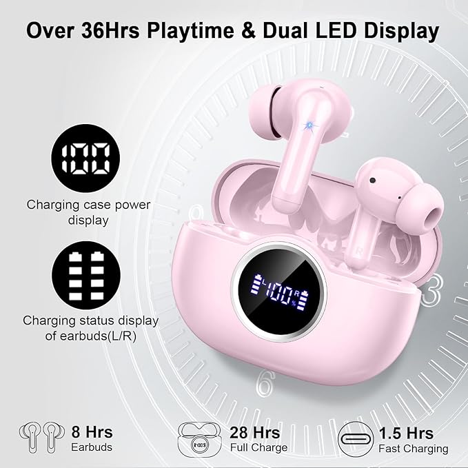 Bluetooth 5.4 Earbuds, 2026 Wireless Headphones 3D-Stereo Deep Bass Ear Bud, 4 ENC Noise Cancelling Mic, 40+Hrs USB-C Earphones, IP-X7 Waterproof Headset Sport Gym Workout for Laptop Pad Android iOS