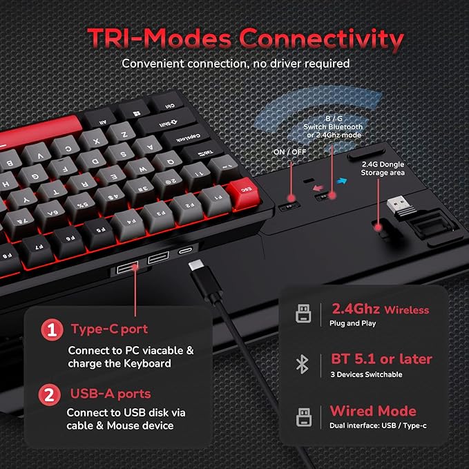 RK ROYAL KLUDGE RK98 Gaming Keyboard, Wireless Mechanical Keyboard 100 Keys Tri-Mode BT5.1/2.4G/USB-C Full Size Hot Swappable Custom Keyboard with Numpad RGB Backlit, Massive Battery, Silver Switch