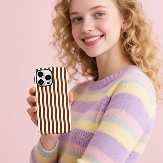 Magnetic for iPhone 13 Pro Max Case Cute Stripes Phone Case, Shockproof Slim TPU and Hard PC Protective Phone Cover Compatible with MagSafe Designed for Women Girls, Brown