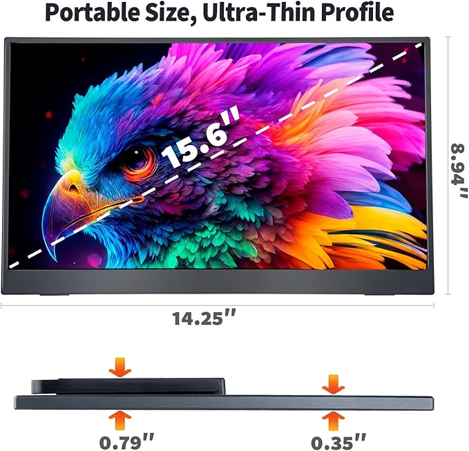 15.6 Inch Portable Monitor, 1080P FHD 60Hz IPS Screen, 72% sRGB HDMI USB-C External Monitor for Laptop PC MacBook Phone Xbox PS5/4, Travel Second Display with Kickstand