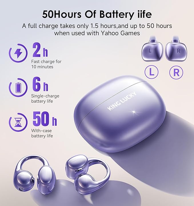 King Lucky Clip-On Earbuds Gen 3, Open-Ear Wireless Bluetooth 6.0 Headphones with Mic, Secure Fit for Small Ears & Glasses Wearers, 50H Playtime, ENC, IPX5 Waterproof Sport Ear Buds (Purple)