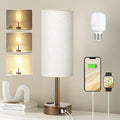 Fenmzee Brown Bedside Table Lamp for Bedroom - 3 Way Dimmable Touch Lamp USB C Charging Ports and AC Outlet, Small Lamp Round Flaxen Cream Fabric Shade for Living Room, Desk, LED Bulb Included