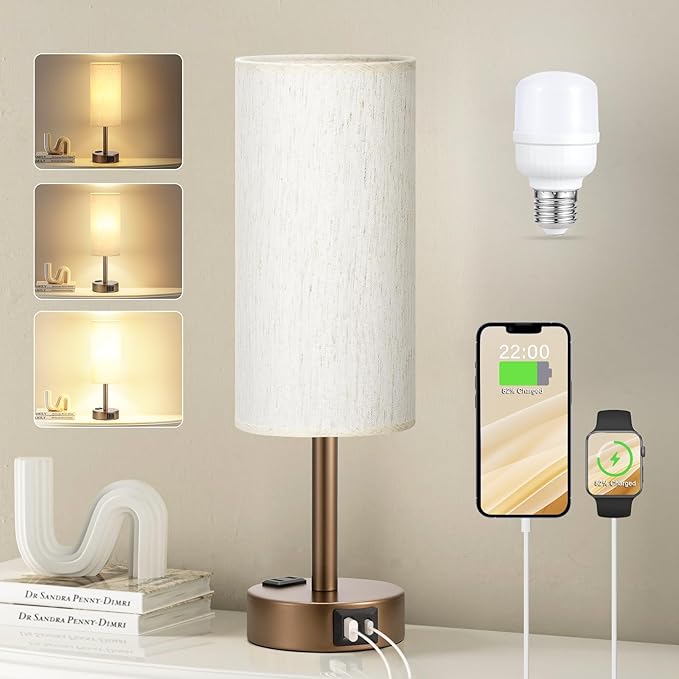 Fenmzee Brown Bedside Table Lamp for Bedroom - 3 Way Dimmable Touch Lamp USB C Charging Ports and AC Outlet, Small Lamp Round Flaxen Cream Fabric Shade for Living Room, Desk, LED Bulb Included