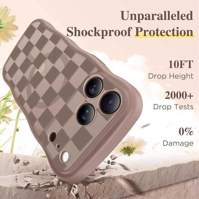 GVIEWIN for iPhone 17 Pro Max Case Compatible with MagSafe [Curly Wave Edge][Full Camera Protection] Floral Translucent Shockproof Magnetic Women Phone Case for 17 Pro Max, Grids/Brown